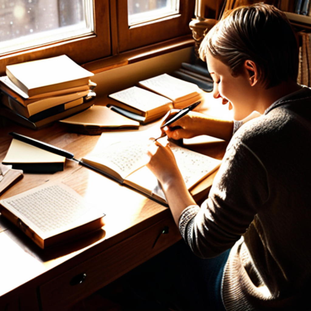 **A person joyfully writing at a desk filled with books and notes, bathed in warm, inspiring light. The scene conveys creativity, focus, and the satisfaction of expressing oneself through words.**