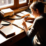 **A person joyfully writing at a desk filled with books and notes, bathed in warm, inspiring light. The scene conveys creativity, focus, and the satisfaction of expressing oneself through words.**