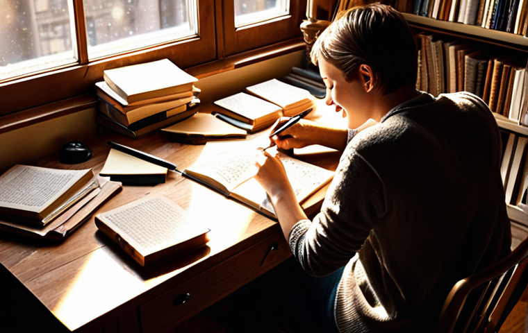 **A person joyfully writing at a desk filled with books and notes, bathed in warm, inspiring light. The scene conveys creativity, focus, and the satisfaction of expressing oneself through words.**