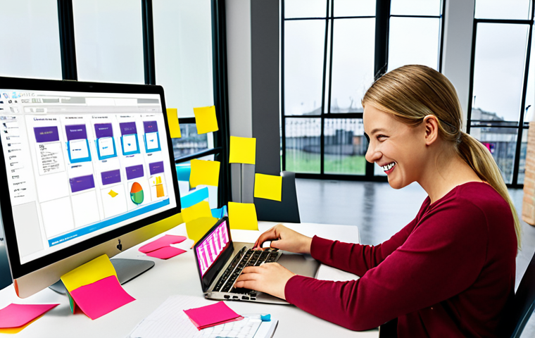 **Image Prompt:** A person happily working on a laptop in a modern, bright office space, surrounded by sticky notes outlining "SMARTA Mål" (SMART Goals) – Specific, Measurable, Acceptable, Realistic, Time-bound. Emphasize a sense of accomplishment and focus. The laptop screen displays a project management tool.